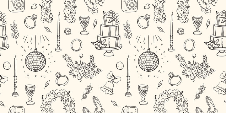 Vector hand drawn trendy summer wedding floral arch, vase, cake, disco ball outline illustration. Elegant flat minimalist modern seamless pattern for wedding invitations, menu, graphics and design - Powered by Adobe