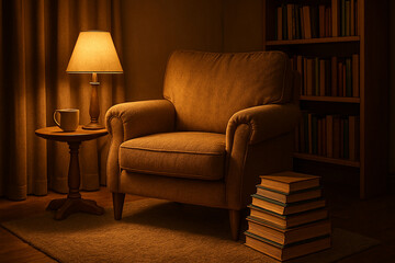Cozy Reading Corner with Books and Lamp