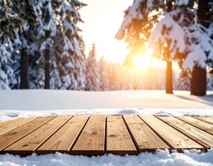 Wooden deck on snow, winter sunrise