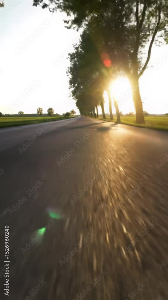Poster smooth low angle tracking video of an empty asphalt road flanked by trees and fields under a golden 