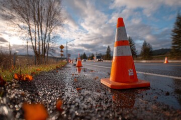Safety Cones stand guard on wet Roadside during a highway construction project with moody Skies above at Sunset