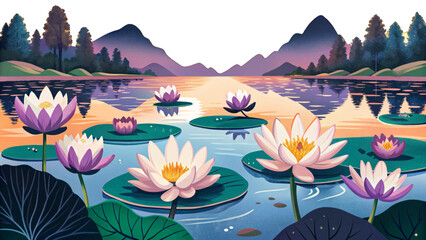 Vector illustration of a quiet lake with floating lotus flowers perfect for tranquil nature scenes, meditation visuals, and peaceful botanical compositions