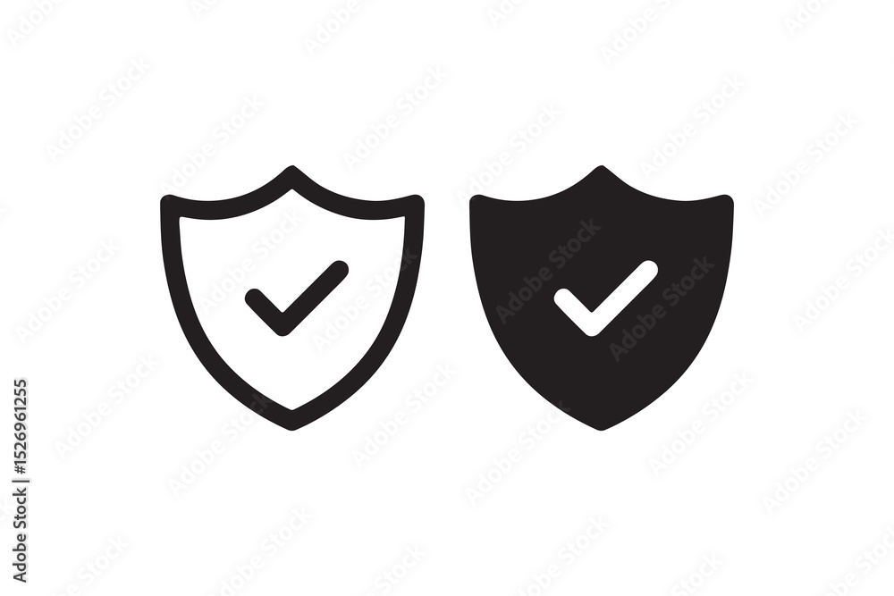 Poster black and white shield icons with check marks indicating security and approval.