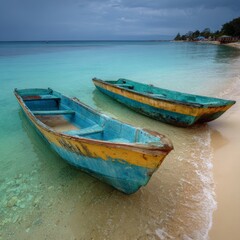 Naklejka premium Two colorful boats are resting on the tranquil shore of the sea. The vibrant boats contrast with the calming turquoise waters and create a picturesque scene.