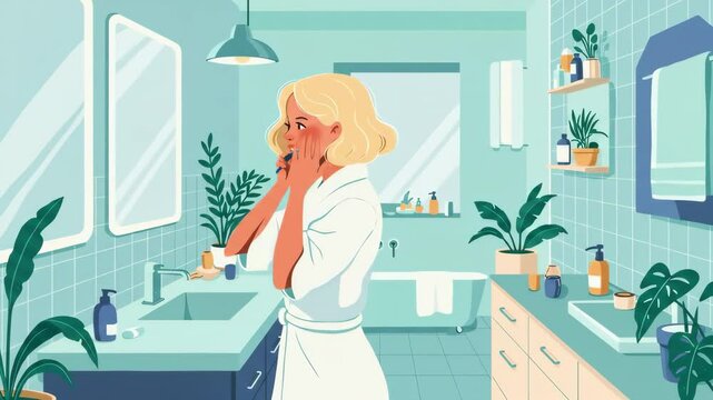 Woman in White Robe Brushing Teeth in a Teal and Mint Bathroom
