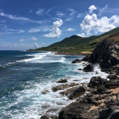 Obraz premium Coastal scenery with the ocean waves crashing against the rocky shoreline. The blue water meets the sky on a sunny day. A serene moment to take in the beauty of nature.