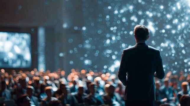 A speaker addresses a large audience at a conference, illuminated by stage lights, sharing insights and inspiring the crowd in a packed venue.