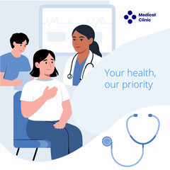 Medical clinic patient consultation health care service illustration.