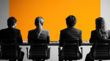 Photorealistic minimalist image of a meeting room at work, in black and white with subtle yellow accents, on a white background.