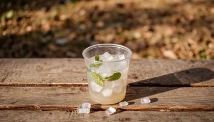 Refreshing drink with ice and mint leaves in plastic cup on wooden table outdoors
