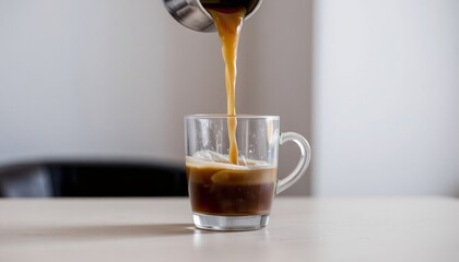Freshly brewed coffee pouring into glass mug on minimalist table setting
