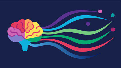 An animated brain with colorful waves of light flowing in and out of it representing the activation of different brain regions thanks to interactive light therapy. This. Vector illustration