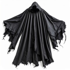 Naklejka premium Black Hooded Cape with Frayed Edges on White Background