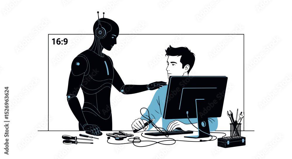 Poster robot comforting a man working on a computer illustrating ai assistance and the intersection of tech