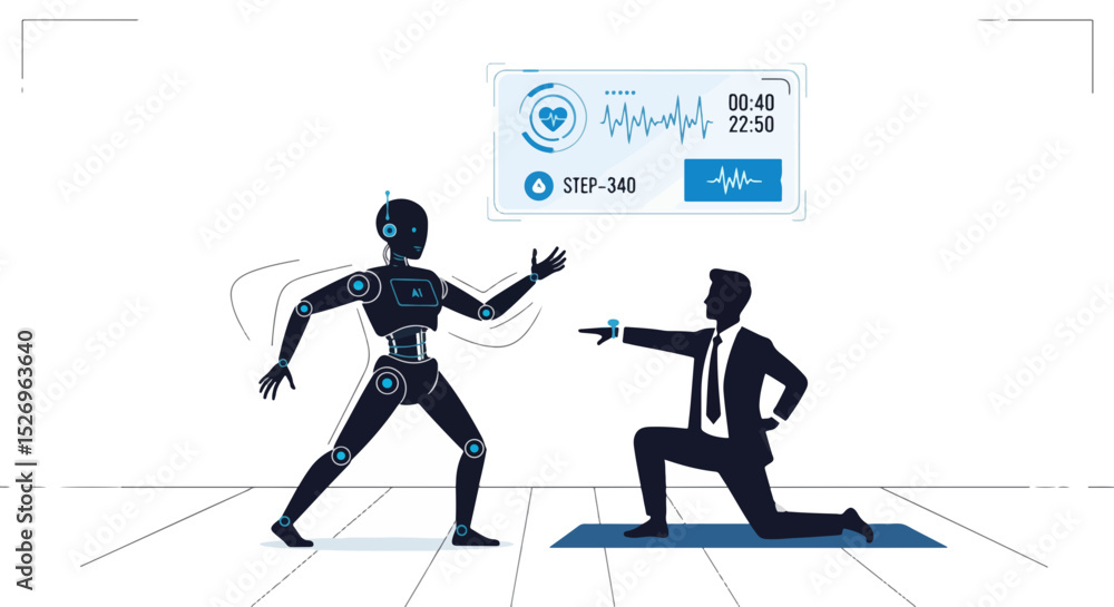 Poster ai powered fitness training a robot demonstrating exercise to a businessman with health metrics disp