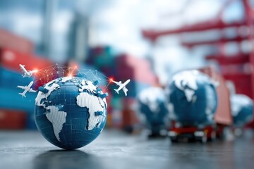 A globe featuring flight routes and airplanes represents global logistics and transportation. Behind, shipping containers indicate the integration of air and sea trade at a busy shipping facility.