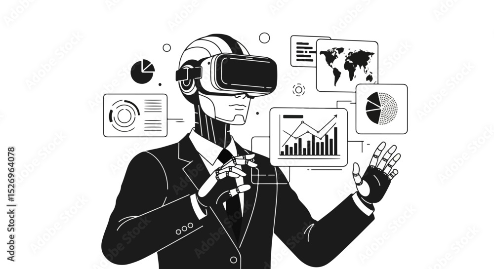 Poster robot executive analyzing data in virtual reality with charts and world map wearing a suit black and
