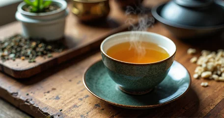 A high-resolution stock photo of a steaming cup of genmaicha tea in an elegant ceramic teacup, ideal for wellness blogs and tea promotions.