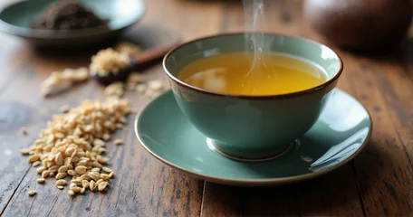 A high-resolution stock photo of a steaming cup of genmaicha tea in an elegant ceramic teacup, ideal for health blogs and tea promotions.
