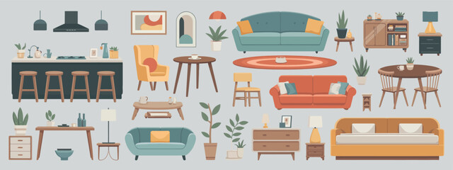 Collection of Furnishings and Decor Elements for a Living Room and Kitchen in a Modern Minimalist Style with Neutral Background Color