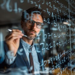 A focused scientist writing equations on a transparent surface