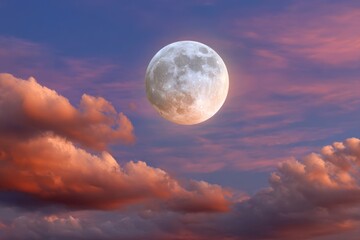 A luminous full moon hangs in a sky filled with streaks of purple and pink partially obscured by billowing reddishbrown clouds