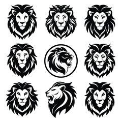 set of 9 lion head angry roaring logo vector silhouette, shows power and strenght