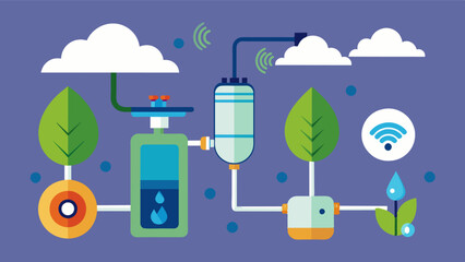 An image of a drip irrigation system connected to an IoTenabled pump. The pump can detect leakages and blockages in the system preventing water wastage and ensuring even water. Vector illustration