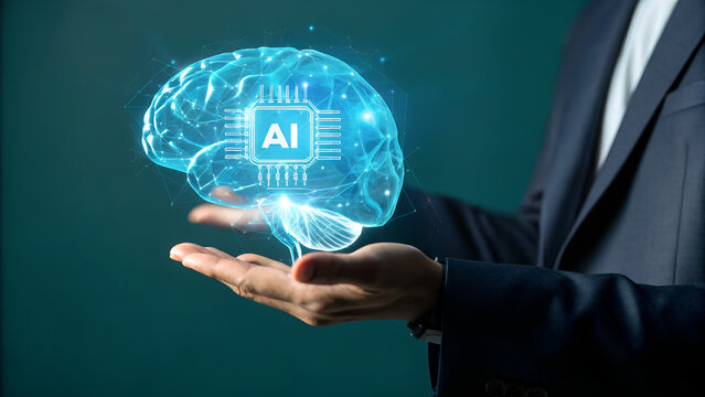 Artificial intelligence concept futuristic brain microchip in hands