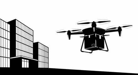 Drone Delivery Over Cityscape Silhouette Modern Building and Package Transport Black and White Illustration for Logistics and Technology Concepts black