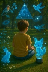 Child Interacting with Holographic Nature in a Magical Forest (AI Generated)