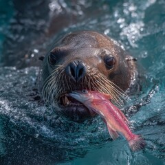 Obraz premium Sea lion catching a salmon in the ocean. The sea lion's mouth is open, and it is holding the salmon in its teeth. The water is splashing around it.