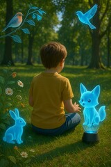 Child Interacting with Holographic Nature in a Magical Forest (AI Generated)