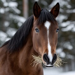 Obraz premium Close-up of a brown horse in winter