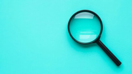Photo of magnifying glass on right side over blue pastel background with copyspace for put your text or logo.