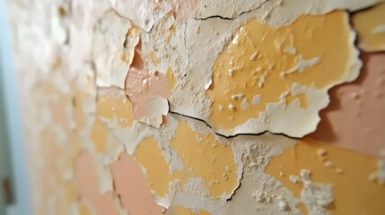 Peeling paint on an old wall, revealing layers of color and creating an abstract pattern.