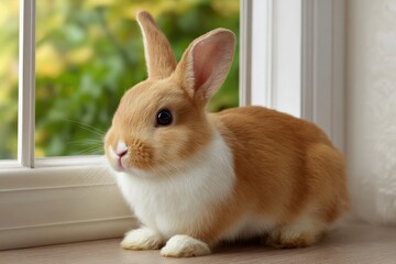 Obraz premium A tan and white rabbit sits near a window