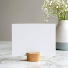 A blank mock up white card in a wooden holder on a minimalist home kitchen background.