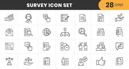  Survey icon set. Containing feedback, opinion, questionnaire, poll, research, data collection, review and satisfaction icons. Solid icon collection. Vector illustration.
