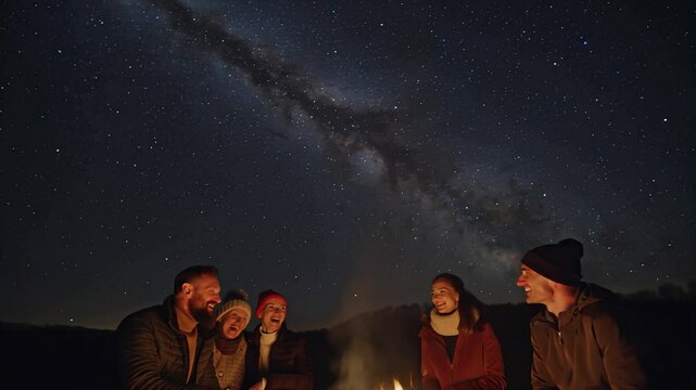 A low-key, high-contrast nighttime shot of a campfire with people laughing and talking around it. Starry sky overhead, fire pit centered