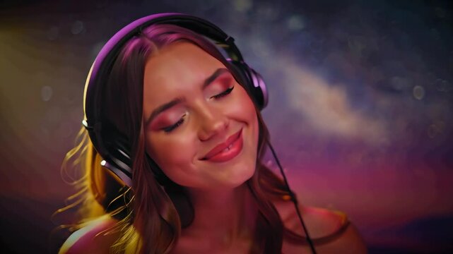 A young, beautiful woman, eyes closed, smiling gently, listens to music through headphones. Warm, soft lighting illuminates her face against a magical, starlit landscape background.