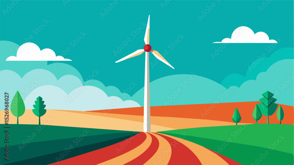 Poster a wind turbine located in the middle of the fields generating energy to power irrigation systems.. v