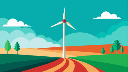 A wind turbine located in the middle of the fields generating energy to power irrigation systems.. Vector illustration