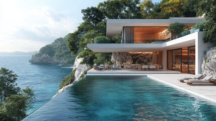 Ultrarealistic photo of a luxury villa on a private island with an infinity pool, natural lighting, rich textures, and clear skies—combining elegance, warmth, and exclusive tropical comfort...