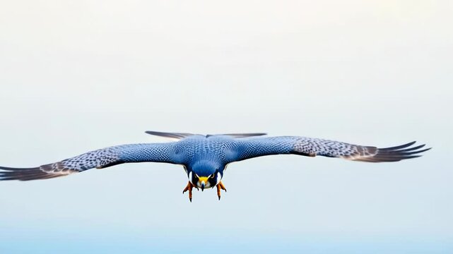 Peregrine Falcon diving through the air with grey blue wings tucked in swift descent