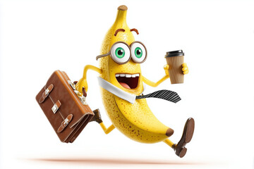 A cartoon banana character in business attire, holding a coffee cup and briefcase while running away with an exaggerated expression of urgency