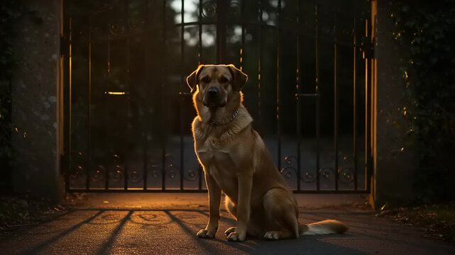 Dog sitting at a gate in golden light