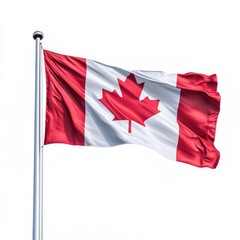 Canadian flag with a red maple leaf waving in the wind against a white background. Represents patriotism, national pride, and is suitable for governmental, travel, or cultural themes.