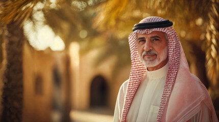 Portrait of an elderly Arab man in traditional attire with keffiyeh and agal, standing outdoors in warm golden light. Ideal for cultural, heritage, or travel-related themes.