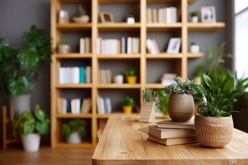 A wooden desk foregrounds plants in pots and books blurred bookshelf background